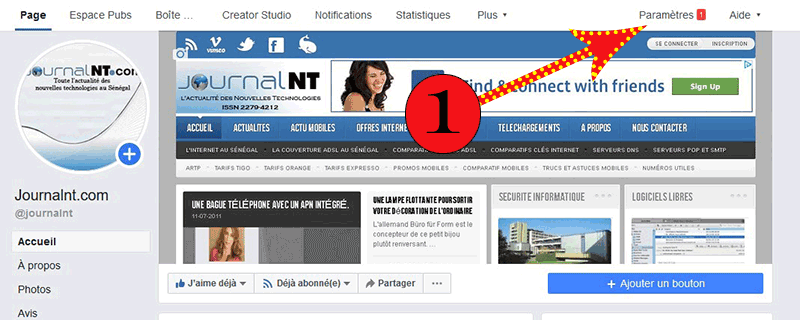 Cliquez sur Paramètres en haut de votre Page.